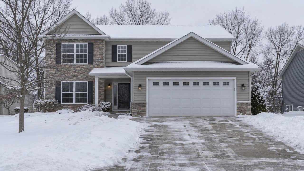A two-storey house in northeast Wisconsin in winter, with a white sectional double garage door, snow banked along the drive and salt staining on the concrete.
